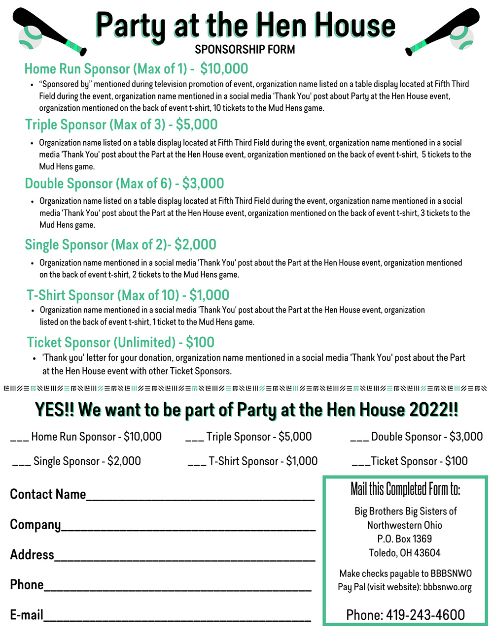 Party at the Hen House Sponsorship form